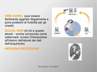 Pier Luigi Lai - www.logus.it
DRM (HARD) (può essere
facilmente aggirato illegalmente e
pone problemi di fruibilità per gli
onesti)
SOCIAL DRM (di chi è questo
ebook – anche conosciuto come
watermark, ovvero l'introduzione
all'interno dell'ebook dei dati
dell'acquirente)
NESSUNA PROTEZIONE
 