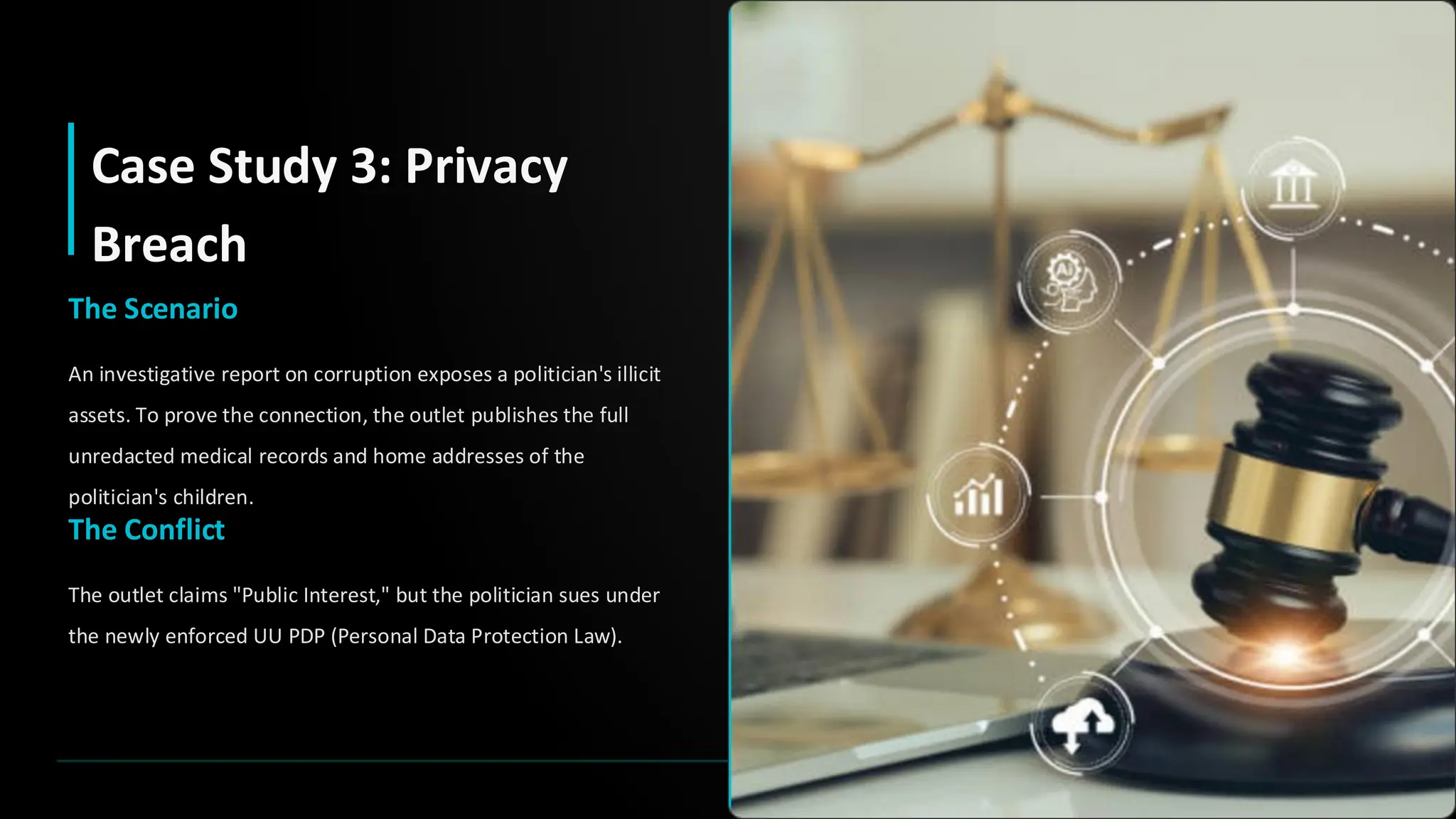 Case Study 3: Privacy
Breach
The Scenario
An investigative report on corruption exposes a politician's illicit
assets. To prove the connection, the outlet publishes the full
unredacted medical records and home addresses of the
politician's children.
The Conflict
The outlet claims "Public Interest," but the politician sues under
the newly enforced UU PDP (Personal Data Protection Law).
 