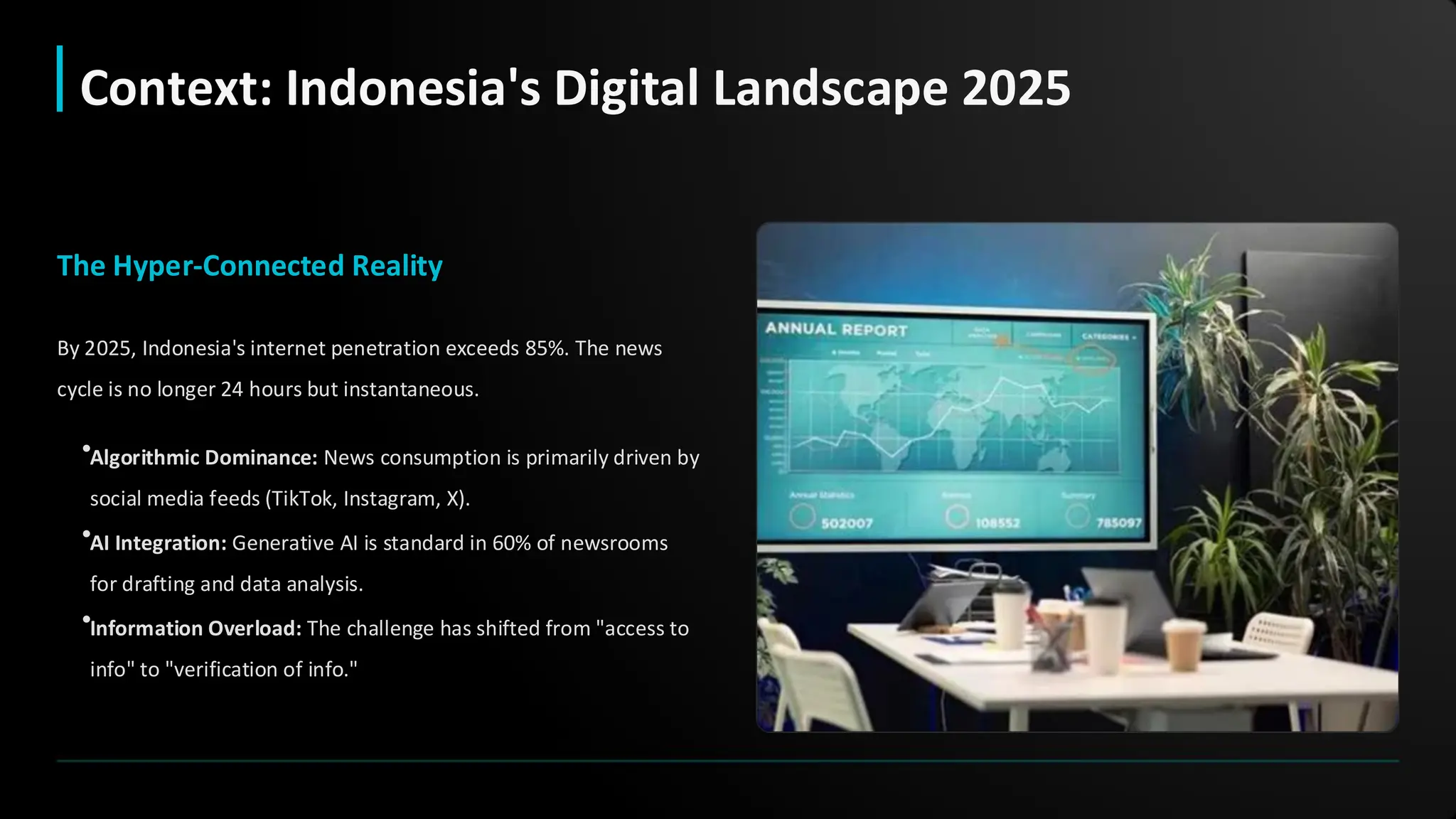 The Hyper-Connected Reality
By 2025, Indonesia's internet penetration exceeds 85%. The news
cycle is no longer 24 hours but instantaneous.
•Algorithmic Dominance: News consumption is primarily driven by
social media feeds (TikTok, Instagram, X).
•AI Integration: Generative AI is standard in 60% of newsrooms
for drafting and data analysis.
•Information Overload: The challenge has shifted from "access to
info" to "verification of info."
Context: Indonesia's Digital Landscape 2025
 