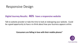 Responsive Design
Digital Journey Results: 46% have a responsive website
Talk to website provider or take the time to look at redesigning your website. Could
be a good opportunity to have a re-think about how your business appears online.
“Consumers are falling in love with their mobile phones”
 