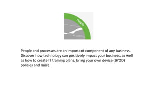 People and processes are an important component of any business.
Discover how technology can positively impact your business, as well
as how to create IT training plans, bring your own device (BYOD)
policies and more.
 
