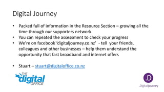 Digital Journey
• Packed full of information in the Resource Section – growing all the
time through our supporters network
• You can repeated the assessment to check your progress
• We’re on facebook ‘digitaljourney.co.nz’ - tell your friends,
colleagues and other businesses – help them understand the
opportunity that fast broadband and internet offers
• Stuart – stuart@digitaloffice.co.nz
 