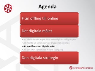 Agenda
Från offline till online

Det digitala målet
• Att identifiera och specificera den digitala målgruppen
• Att hämta ...