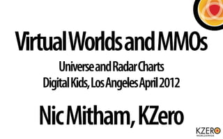 VirtualWorlds and MMOs
       Universe and Radar Charts
   Digital Kids, Los Angeles April 2012

  Nic Mitham, KZero
 