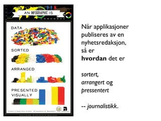 Når applikasjoner
publiseres av en
nyhetsredaksjon,
så er
hvordan det er
sortert,
arrangert og
pressentert
-- journalistikk.
 