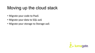 Moving up the cloud stack
• Migrate your code to PaaS
• Migrate your data to SQL-aaS
• Migrate your storage to Storage-aaS
 