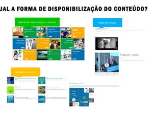 UAL A FORMA DE DISPONIBILIZAÇÃO DO CONTEÚDO?
Galeria de vídeos e fotos, e notícias. Posts em vídeos.
Postagens em texto.
 