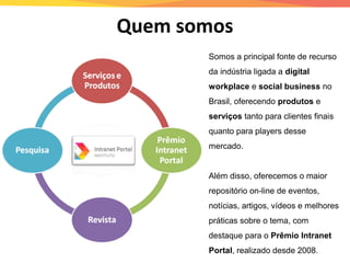 Quem somos
Somos a principal fonte de recurso
da indústria ligada a digital
workplace e social business no
Brasil, oferecendo produtos e
serviços tanto para clientes finais
quanto para players desse
mercado.
Além disso, oferecemos o maior
repositório on-line de eventos,
notícias, artigos, vídeos e melhores
práticas sobre o tema, com
destaque para o Prêmio Intranet
Portal, realizado desde 2008.
 