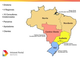 • Diretoria
• 4 Regionais
• 10 Consultores
Credenciados
• Parceiros
• Apoiadores
• Clientes
 