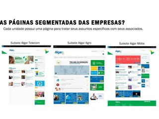 AS PÁGINAS SEGMENTADAS DAS EMPRESAS?
Subsite Algar Telecom Subsite Algar Agro Subsite Algar Mídia
Cada unidade possui uma página para tratar seus assuntos específicos com seus associados.
 