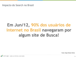 Impacto do Search no Brasil




       Em Jun/12, 90% dos usuários de
      internet no Brasil navegaram por
            algum site de Busca!


                                           Fonte: Ibope Nielsen Online


 2012 dp6 - todos os direitos reservados                             4
 