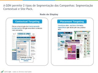 A GDN permite 2 tipos de Segmentação das Campanhas: Segmentação
Contextual e Site Pack.
                                           Rede de Display


                Contextual Targeting                         Placement Targeting




 2012 dp6 - todos os direitos reservados
 
