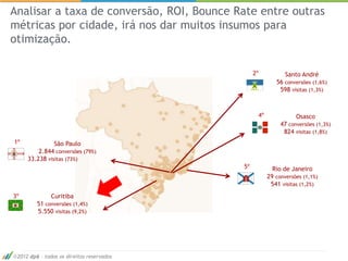 Analisar a taxa de conversão, ROI, Bounce Rate entre outras
métricas por cidade, irá nos dar muitos insumos para
otimização.

                                                2º           Santo André
                                                         56 conversões (1,6%)
                                                          598 visitas (1,3%)



                                                 4º              Osasco
                                                           47 conversões (1,3%)
                                                            824 visitas (1,8%)
1º             São Paulo
         2.844 conversões (79%)
     33.238 visitas (73%)
                                           5º           Rio de Janeiro
                                                      29 conversões (1,1%)
                                                       541 visitas (1,2%)
3º            Curitiba
         51 conversões (1,4%)
         5.550 visitas (9,2%)




 2012 dp6 - todos os direitos reservados
 