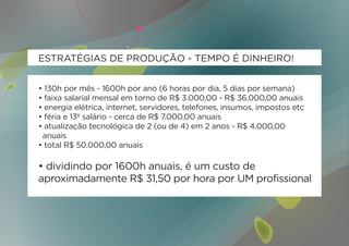 ESTRATÉGIAS DE PRODUÇÃO - TEMPO É DINHEIRO!


• 130h por mês - 1600h por ano (6 horas por dia, 5 dias por semana)
• faixa salarial mensal em torno de R$ 3.000,00 - R$ 36.000,00 anuais
• energia elétrica, internet, servidores, telefones, insumos, impostos etc
• féria e 13º salário - cerca de R$ 7.000,00 anuais
• atualização tecnológica de 2 (ou de 4) em 2 anos - R$ 4.000,00
	anuais
• total R$ 50.000,00 anuais

• dividindo por 1600h anuais, é um custo de
aproximadamente R$ 31,50 por hora por UM profissional
 