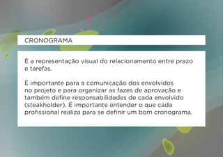 CRONOGRAMA


É a representação visual do relacionamento entre prazo
e tarefas.

É importante para a comunicação dos envolvidos
no projeto e para organizar as fazes de aprovação e
também define responsabilidades de cada envolvido
(steakholder). É importante entender o que cada
profissional realiza para se definir um bom cronograma.
 
