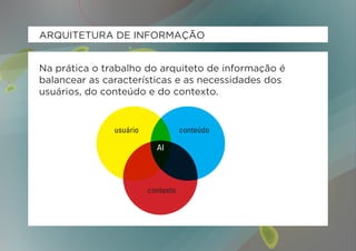 ARQUITETURA DE INFORMAÇÃO


Na prática o trabalho do arquiteto de informação é
balancear as características e as necessidades dos
usuários, do conteúdo e do contexto.


               usuário              conteúdo

                           AI




                         contexto
 