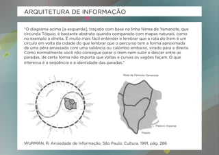 ARQUITETURA DE INFORMAÇÃO

“O diagrama acima [a esquerda], traçado com base na linha férrea de Yamanote, que
circunda Tóquio, é bastante abstrato quando comparado com mapas naturais, como
no exemplo a direita. É muito mais fácil entender e lembrar que a rota do trem é um
círculo em volta da cidade do que lembrar que o percurso tem a forma aproximada
de uma pêra amassada com uma saliência ou calombo embaixo, virado para a direita.
Como normalmente você não consegue parar o trem nem subir e descer entre as
paradas, de certa forma não importa que voltas e curvas os vagões façam. O que
interessa é a seqüência e a identidade das paradas.”




WURMAN, R. Ansiedade de Informação. São Paulo: Cultura, 1991, pág. 286
 