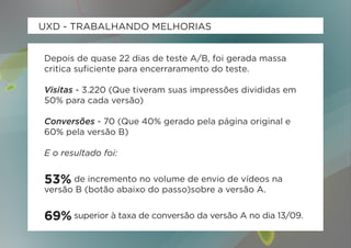 UXD - TRABALHANDO MELHORIAS


Depois de quase 22 dias de teste A/B, foi gerada massa
critica suficiente para encerraramento do teste.

Visitas - 3.220 (Que tiveram suas impressões divididas em
50% para cada versão)

Conversões - 70 (Que 40% gerado pela página original e
60% pela versão B)

E o resultado foi:


53% de incremento no volume de envio de vídeos na
versão B (botão abaixo do passo)sobre a versão A.


69% superior à taxa de conversão da versão A no dia 13/09.
 