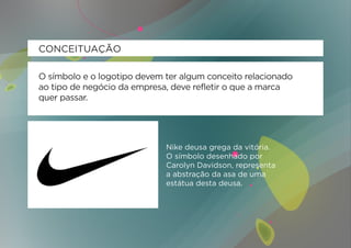 CONCEITUAÇÃO

O símbolo e o logotipo devem ter algum conceito relacionado
ao tipo de negócio da empresa, deve refletir o que a marca
quer passar.




                             Nike deusa grega da vitória.
                             O símbolo desenhado por
                             Carolyn Davidson, representa
                             a abstração da asa de uma
                             estátua desta deusa.
 