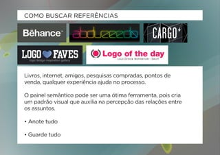 COMO BUSCAR REFERÊNCIAS




Livros, internet, amigos, pesquisas compradas, pontos de
venda, qualquer experiência ajuda no processo.

O painel semântico pode ser uma ótima ferramenta, pois cria
um padrão visual que auxilia na percepção das relações entre
os assuntos.

• Anote tudo

• Guarde tudo
 