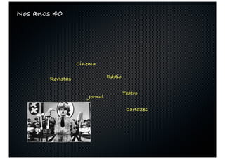 Nos anos 40




                  Cinema

       Revistas               Rádio

                                      Teatro
                     Jornal

                                       Cartazes
 