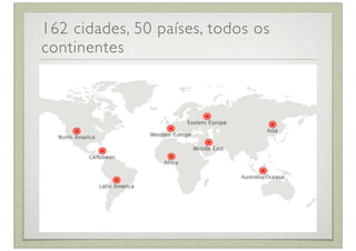 162 cidades, 50 países, todos os
continentes
 
