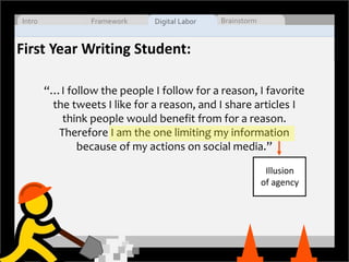 Intro Framework Digital Labor Brainstorm
First Year Writing Student:
“…I follow the people I follow for a reason, I favori...
