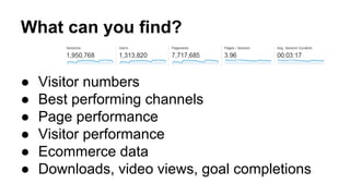 What can you find? 
● Visitor numbers 
● Best performing channels 
● Page performance 
● Visitor performance 
● Ecommerce data 
● Downloads, video views, goal completions 
 