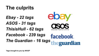 The culprits 
Ebay - 22 tags 
ASOS - 31 tags 
ThisisHull - 62 tags 
Facebook - 239 tags 
The Guardian - 16 tags 
*tags brought to you by WASP 
 