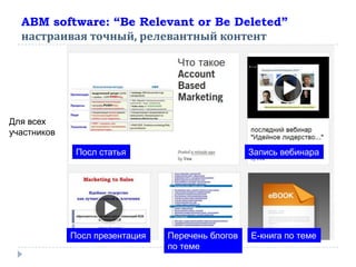 ABM software: “Be Relevant or Be Deleted”
настраивая точный, релевантный контент
Для всех
участников
Посл статья
Посл презентация
Запись вебинара
Е-книга по темеПеречень блогов
по теме
 
