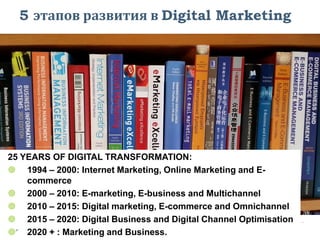 5 этапов развития в Digital Marketing
25 YEARS OF DIGITAL TRANSFORMATION:
 1994 – 2000: Internet Marketing, Online Marketing and E-
commerce
 2000 – 2010: E-marketing, E-business and Multichannel
 2010 – 2015: Digital marketing, E-commerce and Omnichannel
 2015 – 2020: Digital Business and Digital Channel Optimisation
 2020 + : Marketing and Business.
 