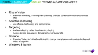 DIGITAL LANDSCAPE          DISPLAY /TRENDS & GAME CHANGERS



 • Rise of video
     – Premium inventory, TV integrated planning, branded content and viral opportunities
       etc)
 • Adaptive marketing
     – use of data, technology and performance
 • Targeting
     – Audience buying rather than inventory buying
     – Across device, geography, demographic, behaviour etc
 • Youtube
     – Entering Turkey in 1st half and intend to change many balances in online display and
       video ecosystem
 • Windows 8 launch
 