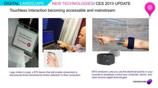 DIGITAL LANDSCAPE                       NEW TECHNOLOGIES/ CES 2013 UPDATE
  Touchless Interaction becoming accessable and mainstream




  Leap motion‟s Leap: a $70 device that will enable consumers to      MYO armband. Lets you use the electrical activity in your
  add precise three-dimensional motion detection to their computers   muscles to wirelessly control your computer, phone, and
                                                                      other favorite digital technologies
 