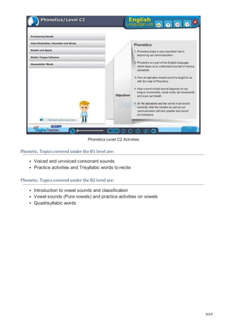 5/23
Phonetics Level C2 Activities
Phonetic, Topics covered under the B1 level are:
Voiced and unvoiced consonant sounds
Practice activities and Trisyllabic words to recite
Phonetic, Topics covered under the B2 level are:
Introduction to vowel sounds and classification
Vowel sounds (Pure vowels) and practice activities on vowels
Quadrisyllabic words
 