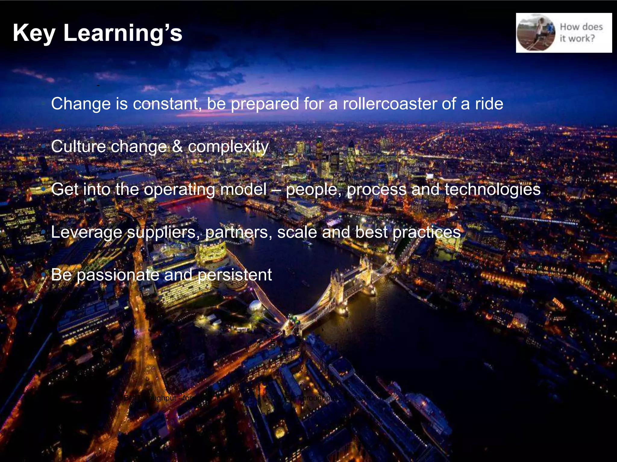 Key Learning’s

  • Change is constant, be prepared for a rollercoaster of a ride

  • Culture change & complexity

  • Get into the operating model – people, process and technologies

  • Leverage suppliers, partners, scale and best practices

  • Be passionate and persistent

        0
                                                         Jun-11




                                                                                                   Jun-12
                                                Feb-11




                                                                      Aug-11




                                                                                          Feb-12
            Apr-10




                                 Oct-10




                     BH Throughput - forecast                     MBB Throughput - forecast
 