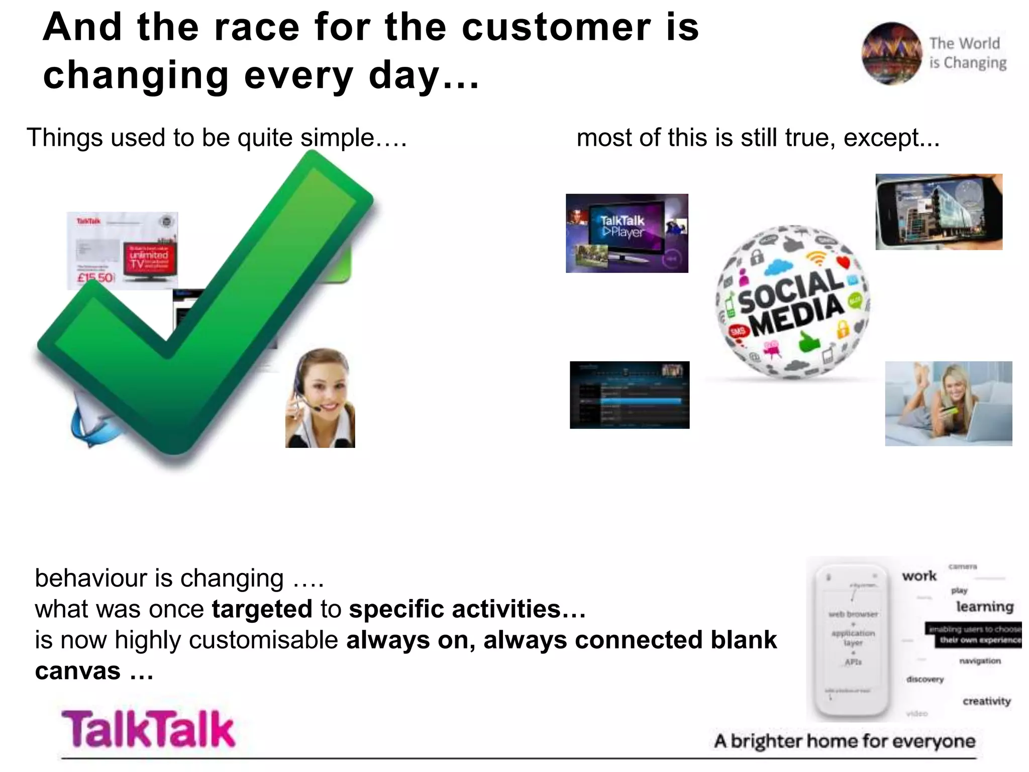 And the race for the customer is
 changing every day…
Things used to be quite simple….           most of this is still true, except...




behaviour is changing ….
what was once targeted to specific activities…
is now highly customisable always on, always connected blank
canvas …
 