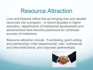Resource Attraction
Love and Estanek define this as bringing new and needed
resources into a program. In recent decades in higher
education, departments of institutional development and
advancement have become paramount for continued
success of institutions.
Resource attraction include: Fundraising, grant writing
and partnerships (inter-departmental, inter- institutional
and intra-institutional, and corporate partnerships)
 