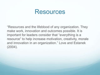 Resources
“Resources and the lifeblood of any organization. They
make work, innovation and outcomes possible. It is
important for leaders consider that “everything is a
resource” to help increase motivation, creativity, morale
and innovation in an organization.” Love and Estanek
(2004).
 