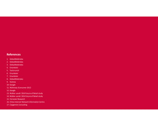 References
1. GlobalWebIndex
2. GlobalWebIndex
3. GlobalWebIndex
4. Emarketer
5. Techcrunch
6. Emarketer
7. Emarketer
8. GlobalWebIndex
9. Statista
10. Google
11. McKinsey iConsumer 2012
12. Google
13. Walker sands’ 2014 future of Retail study
14. Walker sands’ 2014 future of Retail study
15. Forrester Research
16. China Internet Network Information Centre
17. Capgemini Consulting
 