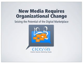New Media Requires
 Organizational Change
Seizing the Potential of the Digital Marketplace



                                           Analytics
                             Websites
                                                  Ads
                    Email
                                        Search
                            Social
                            Media




              Creative. Business. Marketing. People.
 