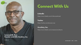 Connect With Us
LinkedIn
https://www.linkedin.com/in/lenwoodmross/
Twitter
https://twitter.com/lenwood_ross
Accelery, Inc.
https://www.linkedin.com/company/acceleryinc
Lenwood M. Ross
Founder and CEO, Accelery, Inc.
A C C E L E R Y , I N C . | 2 0 2 1
P A G E 1 2
 