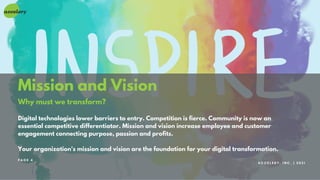 Mission and Vision
Why must we transform?
Digital technologies lower barriers to entry. Competition is fierce. Community is now an
essential competitive differentiator. Mission and vision increase employee and customer
engagement connecting purpose, passion and profits.
Your organization's mission and vision are the foundation for your digital transformation.
A C C E L E R Y , I N C . | 2 0 2 1
P A G E 4
 