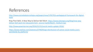 References
http://www.sociedadytecnologia.org/pages/view/178170/a-pedagogical-framework-for-digital-
tools
Ring Their Bells: A New Way to Deliver Bell Work https://www.edutopia.org/blog/new-way-
deliver-bell-work-lori-desautels?utm_source=twitter&utm_medium=cpc
http://www.pewinternet.org/2016/11/11/social-media-update-2016/
https://www.statista.com/statistics/274829/age-distribution-of-active-social-media-users-
worldwide-by-platform/
 
