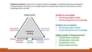 Polyphonic teaching is based on K.E. Logstrup’s where knowledge is created through equal exchange of
many perceptions. Learning occurs through teacher and student joint interaction to produce common
knowledge within the field.
 