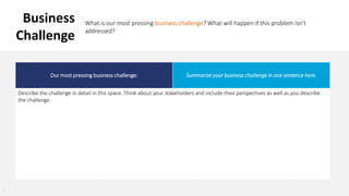 7
Our most pressing business challenge: Summarize your business challenge in one sentence here.
Describe the challenge in detail in this space. Think about your stakeholders and include their perspectives as well as you describe
the challenge.
Business
Challenge
What is our most pressing business challenge? What will happen if this problem isn’t
addressed?
 