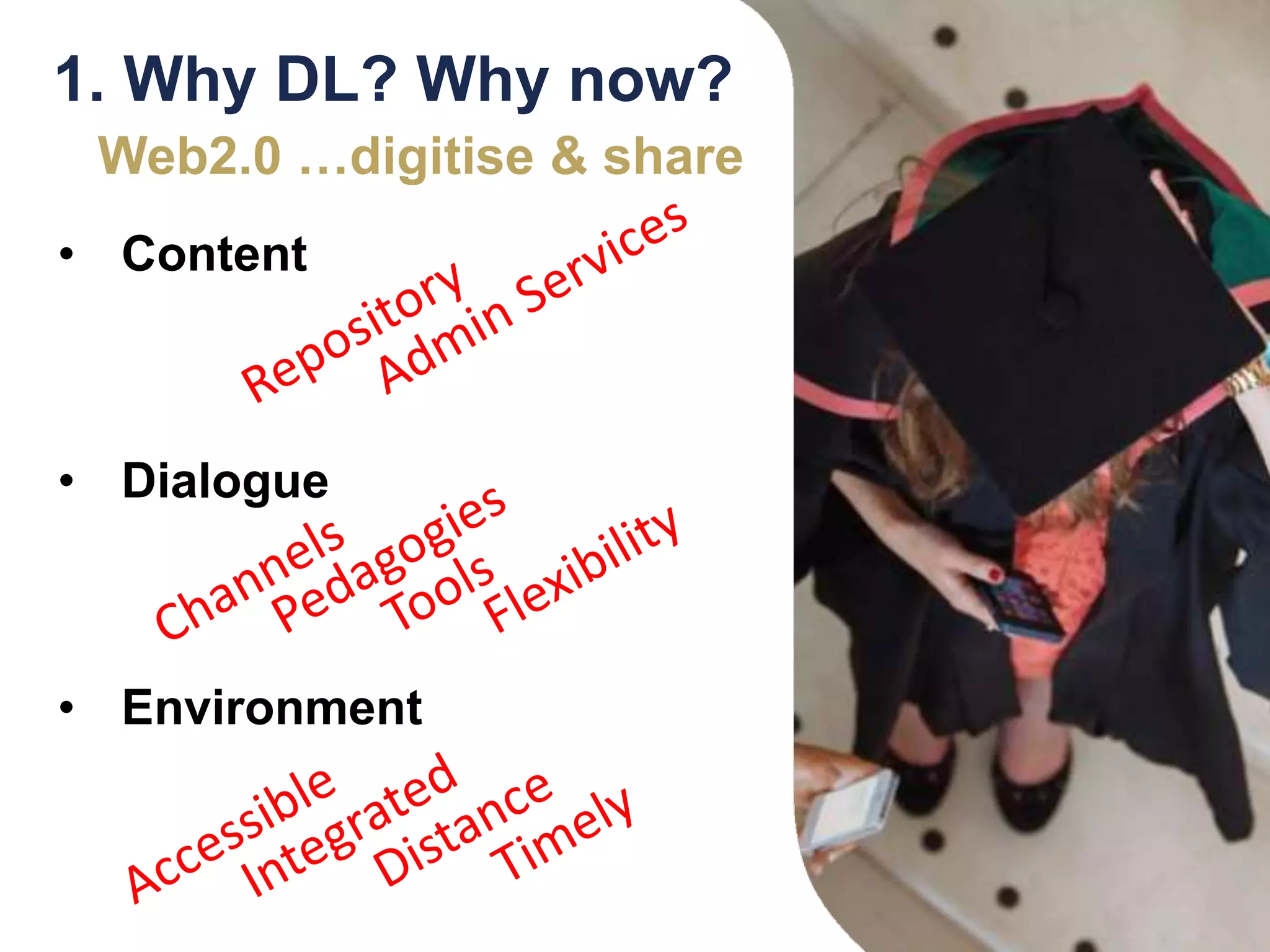 1. Why DL? Why now?
• Content
• Dialogue
• Environment
Web2.0 …digitise & share
 