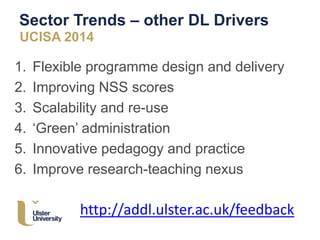 Sector Trends – other DL Drivers
UCISA 2014
1. Flexible programme design and delivery
2. Improving NSS scores
3. Scalability and re-use
4. ‘Green’ administration
5. Innovative pedagogy and practice
6. Improve research-teaching nexus
http://addl.ulster.ac.uk/feedback
 
