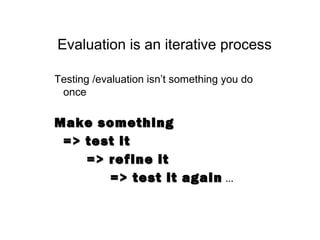 Evaluation is an iterative process
Testing /evaluation isn’t something you do
once
Make somethingMake something
=> test it=> test it
=> refine it=> refine it
=> test it again=> test it again …
 