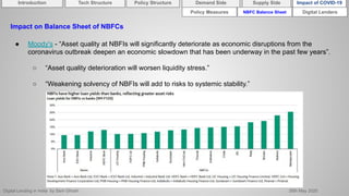 Digital Lending in India by Sam Ghosh 26th May 2020
NBFC Balance Sheet Digital Lenders
Impact on Balance Sheet of NBFCs
● Moody's - “Asset quality at NBFIs will significantly deteriorate as economic disruptions from the
coronavirus outbreak deepen an economic slowdown that has been underway in the past few years”.
○ “Asset quality deterioration will worsen liquidity stress.”
○ “Weakening solvency of NBFIs will add to risks to systemic stability.”
Policy Measures
Introduction Policy Structure Demand Side Impact of COVID-19Supply SideTech Structure
 