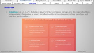 Digital Lending in India by Sam Ghosh 26th May 2020
Introduction Policy Structure Demand Side Impact of COVID-19Supply SideTech Infrastructure
India Stack
● IndiaStack is a set of APIs that allows governments, businesses, startups, and developers to utilise a
unique digital Infrastructure to solve India’s hard problems towards presence-less, paperless, and
cashless service delivery.
India Stack TReDSUIDAI- Aadhar UPI GSTGeMJan Dhan - PMJDY PCR
 